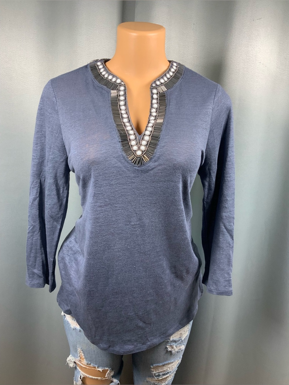 Chicoโs Blue Embellished Beaded V-Neck Long Sleeve Top XS